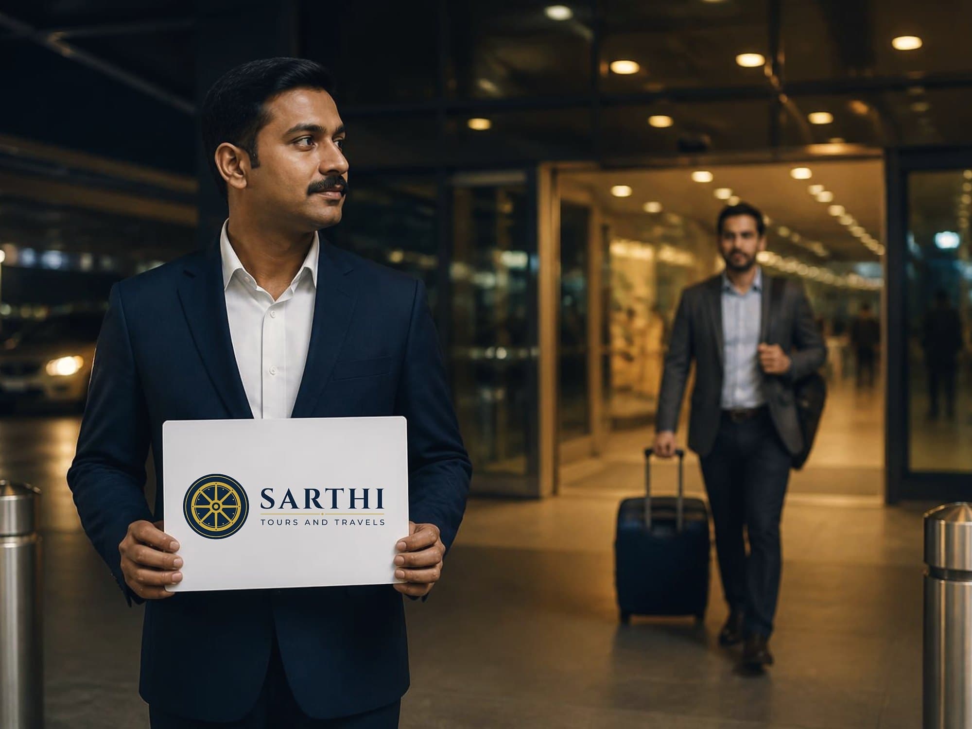 Chauffeur holding a Sarthi name card at airport arrivals