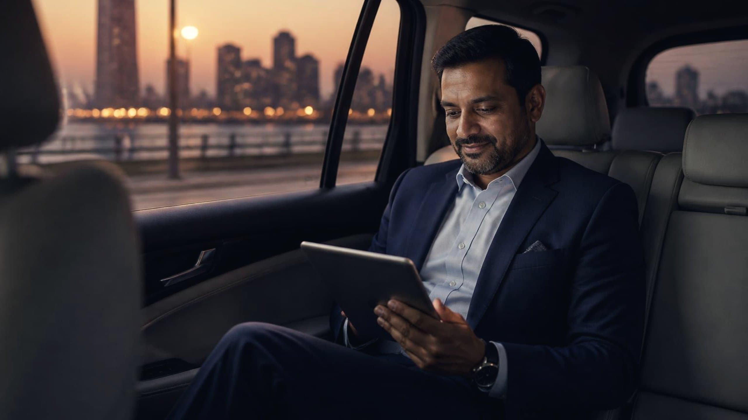 An executive works on a tablet in the back seat of a car as the city lights come on at dusk